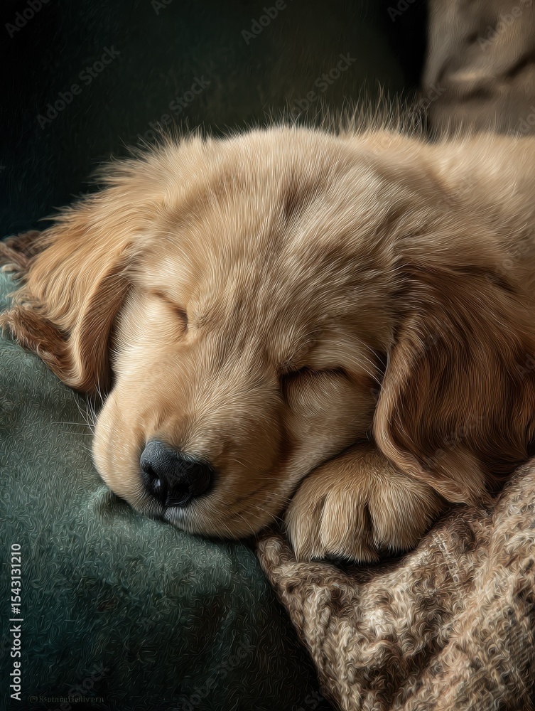Obraz premium Sleeping golden retriever puppy in cozy indoor setting adorable animal portrait capturing peaceful moments