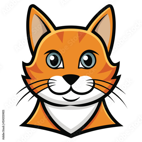 Orange cartoon cat face with blue eyes looks cheerfully at the viewer straight ahead