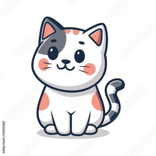 The cute cartoon cat with a striped tail sits quietly on a white background