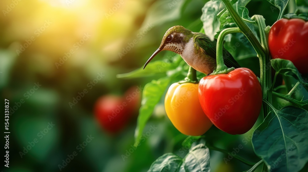 Naklejka premium A vibrant hummingbird resting delicately among red and yellow bell peppers, capturing the beauty of nature's colors and the harmony within the garden setting.