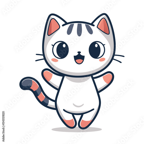 Cute white cartoon kitty with grey stripes raises its paws and smiles joyfully