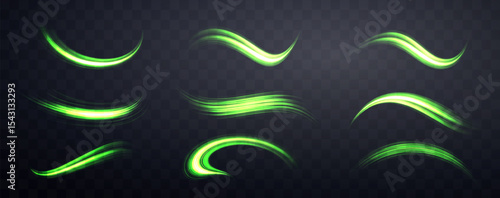 Glowing green lines set. Neon realistic energy speed. Abstract light effect on a dark transparent background. Vector illustration.