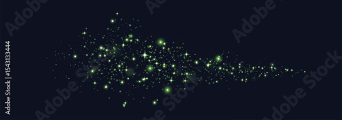 Green glittering dots, particles, stars magic sparks. Glow flare light effect. Green luminous points. Vector particles on black background.