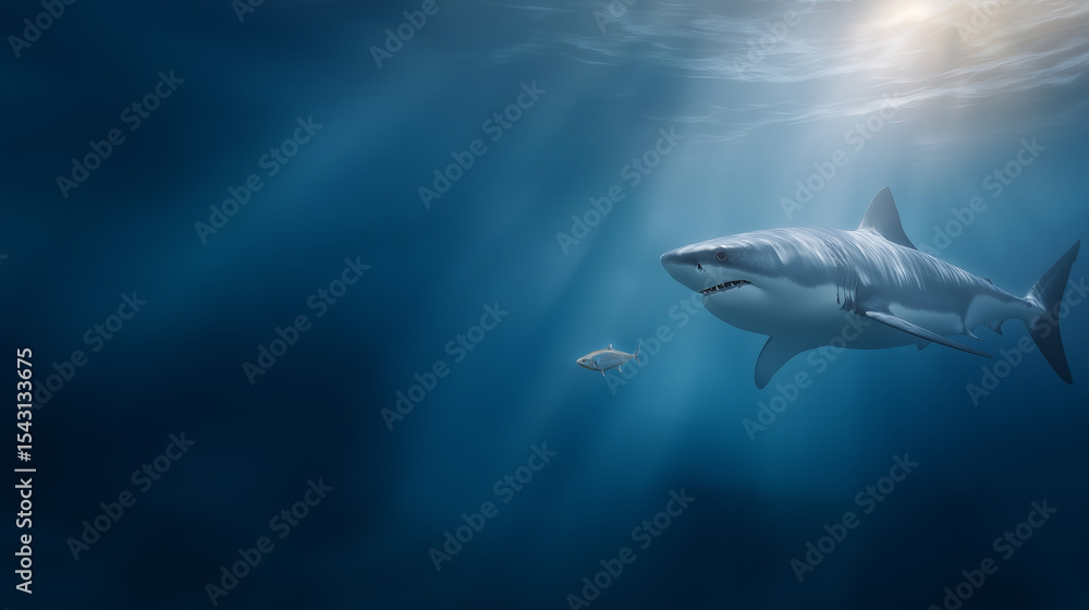 Fototapeta premium Ambitious Small Fish and Big Shark Underwater Business Concept