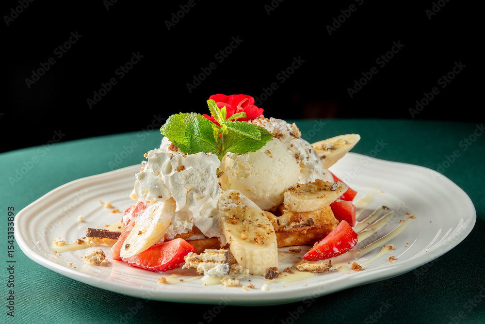 custom made wallpaper toronto digitalWaffles topped with vanilla ice cream, whipped cream, banana slices, strawberries, mint, and a red flower garnish, served on a white plate with a green background, close-up.