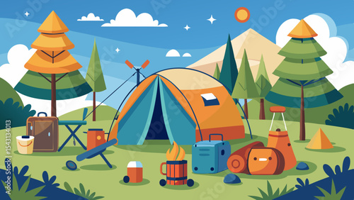 vector camping in the mountains background