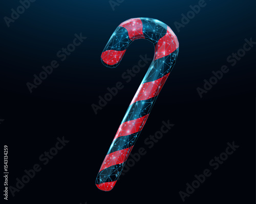 Candy cane, Christmas concept with glowing low poly candy on dark blue background. Wireframe low poly design. Abstract futuristic vector illustration