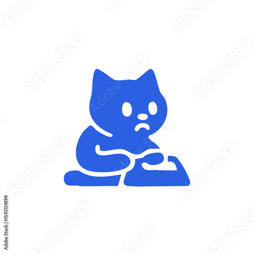A blue stylized cat icon, seemingly upset or pensive, sits in a posture suggesting contemplation or slight dejection. Simple, flat design with large, bold shapes and a neutral expression