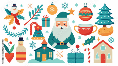 vector set of christmas elements with santa claus background