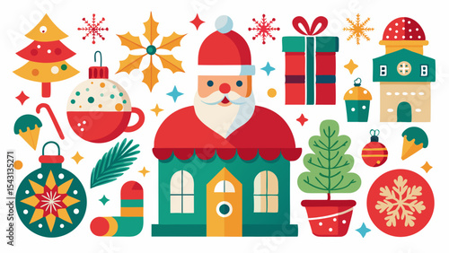 vector set of christmas elements with santa claus background