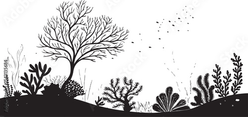 Coral Reef Silhouette Illustration – Ocean Floor Landscape Without Fish