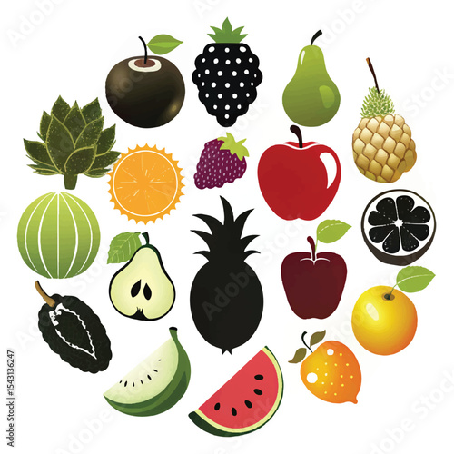 Colorful Assorted Fruit Icons – Circle Composition with Tropical and Temperate Fruits