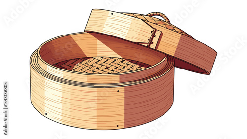 Detailed Vector Illustration of a Bamboo Steamer with Open Lid, Asian Cuisine Tool