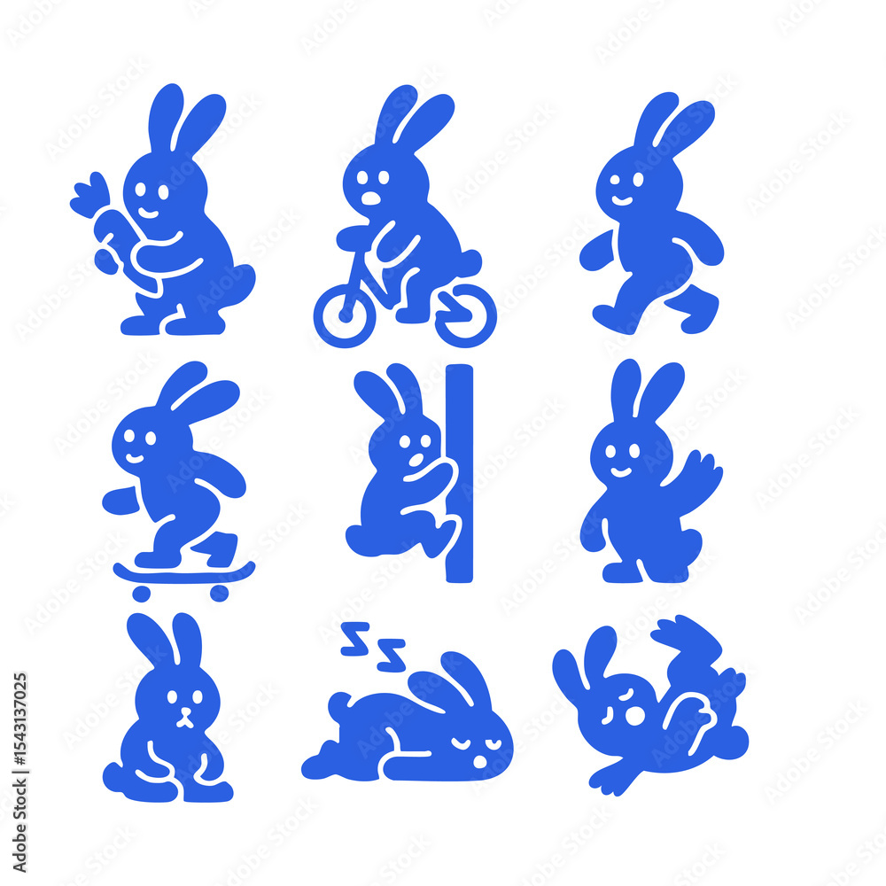 Fototapeta premium Cute blue rabbit icons in various activities