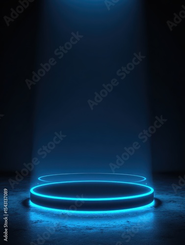 Background podium 3D light neon blue platform stage product abstract. Scene background 3D podium dark pedestal room glow studio empty stand floor night modern circle show space display game led black