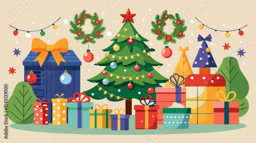vector christmas tree with gifts background