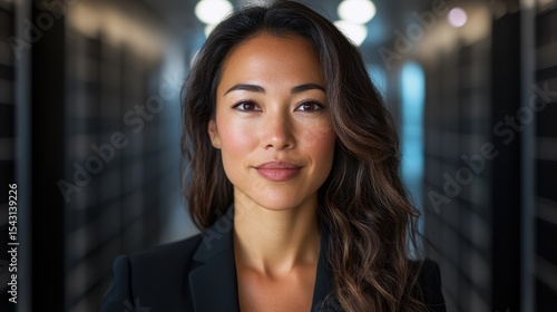 Wallpaper Mural A professional woman exudes confidence and approachability in a tailored suit, set against a backdrop of softly blurred shelves, conveying empowerment and leadership in her field. Torontodigital.ca