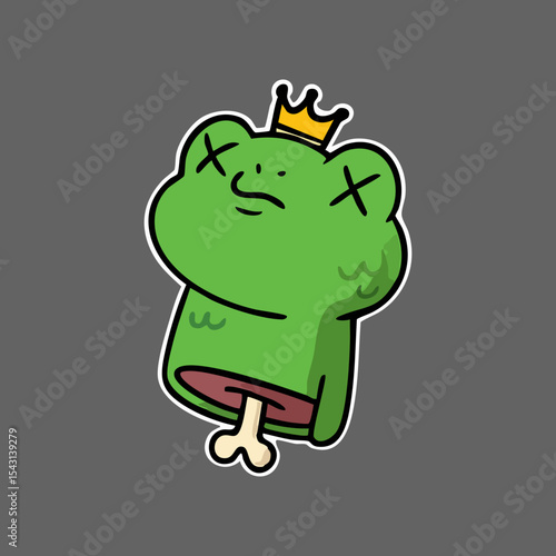 Cartoon frog wearing a crown,  with an X on its head and a bone through its body