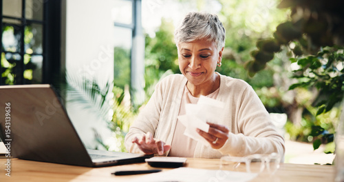Tableau sur toile Senior, happy woman or laptop with calculator or receipts for tax return or finance at home