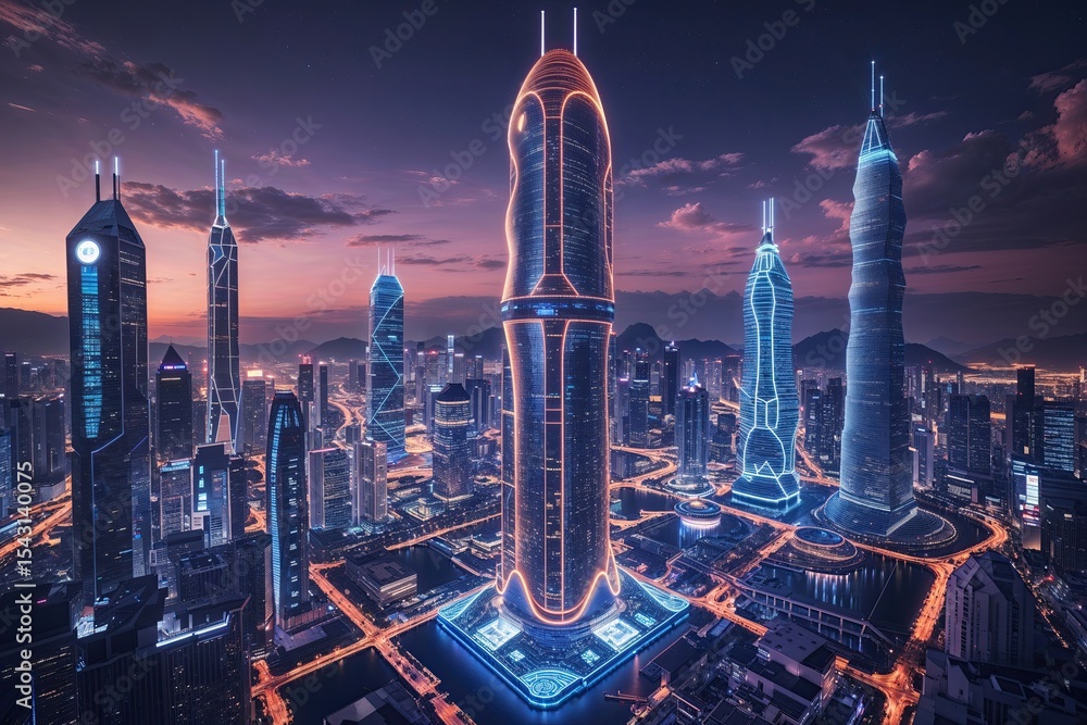 Obraz premium Futuristic Electric City at Night Exploring Ambition in Illuminated Urban Design
