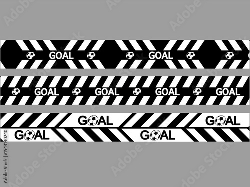 Vector illustration of black and white striped caution tape banners with the word "GOAL" and soccer ball icons.