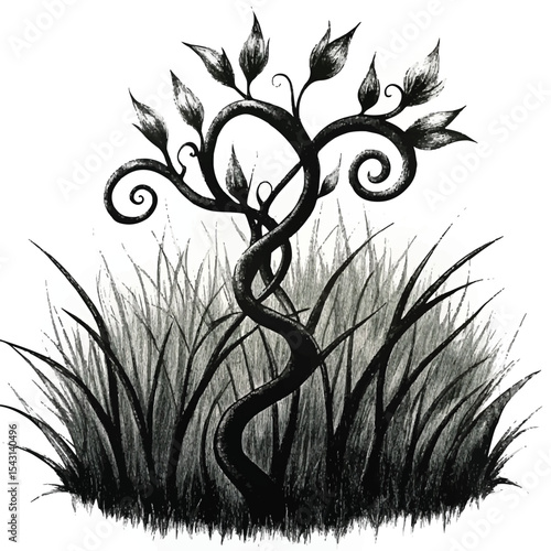 Whimsical Twisted Plant in Grass – Surreal Botanical Ink Illustration