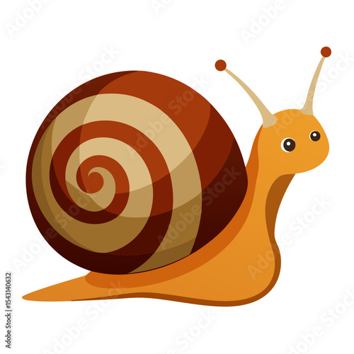 an orange snail with a brown and tan spiral shell, featuring large black eyes on stalks and antennae.