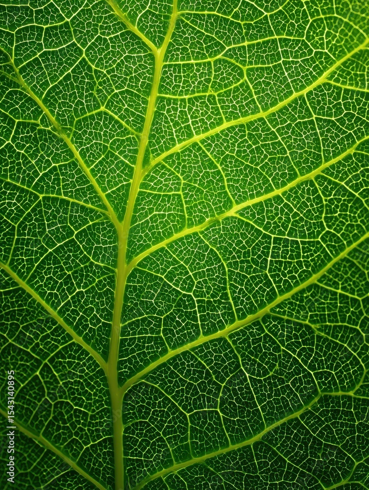Obraz premium Macro view of a leaf s vein patterns, backlit to reveal delicate and intricate network, vibrant green, crisp and detailed, natural organic design