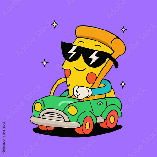 A pizza slice character wearing sunglasses drives a small green car