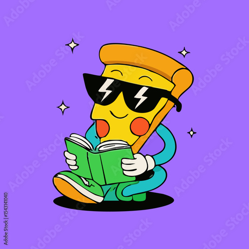Cartoon pizza slice character wearing sunglasses and reading a book
