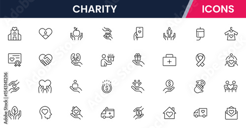 Vector illustration web line icon collection for charity: donations, volunteering, hearts, and community support symbols in a compassionate, modern, and clean design style.