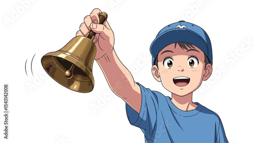 Anime Boy Ringing Brass School Bell Illustration, Isolated on White Background, Hand Drawn Style