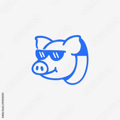 Simple, stylized blue outline of a pig's head wearing sunglasses