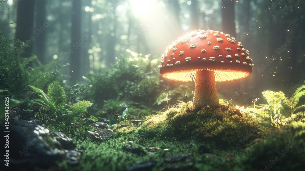 Fototapeta premium Red mushroom glows in sunlit forest