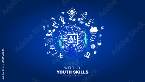Happy World Youth Skills Day. Futuristic Technology, AI, Digital Skills Training & development education concept.