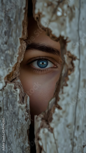 Close-Up of Vivid Blue Eye Peering Through Jagged Hole in Weathered Wood
