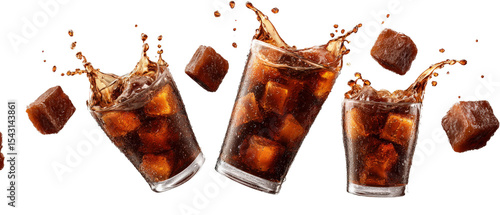 Realistic brown cola liquid and cubes flying, summer drink advertising style, isolated on a Transparent background, PNG file.