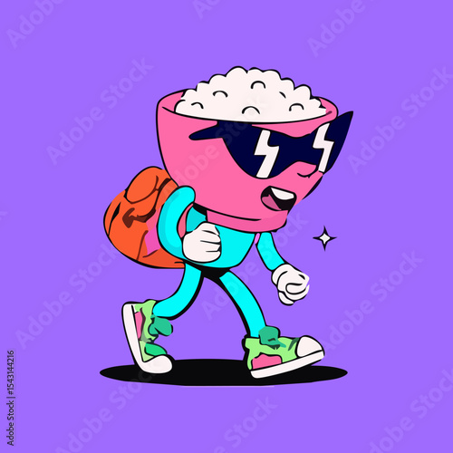 A stylized cartoon character, resembling a person with a bowl of rice for a head, wearing sunglasses and a backpack, walks with a confident stride