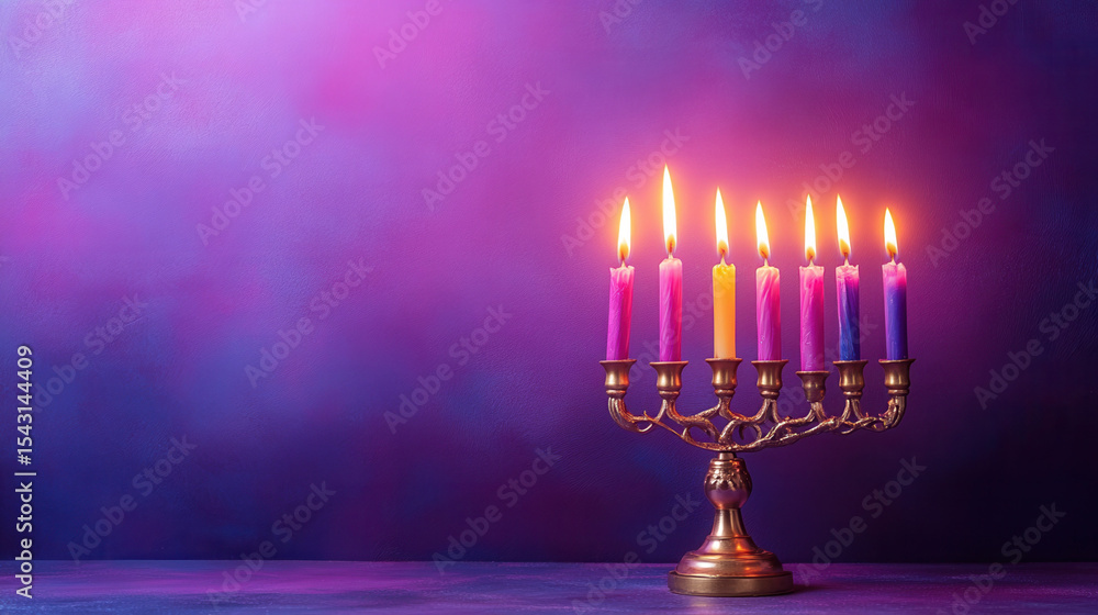 Fototapeta premium Dreidel and menorah on pastel lavender background, flatlay with empty space on one half