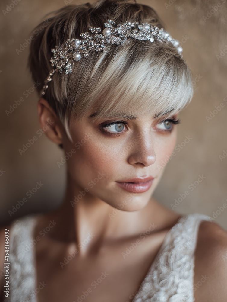 Fototapeta premium Short pixie cut with sweeping bangs, elevated by a sparkling silver floral headband, creating a polished and timeless bridal look.