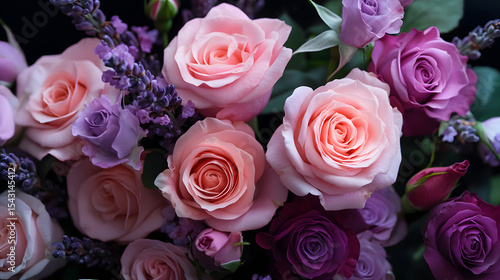 A lush arrangement of mixed roses with soft pink and lavender hues.