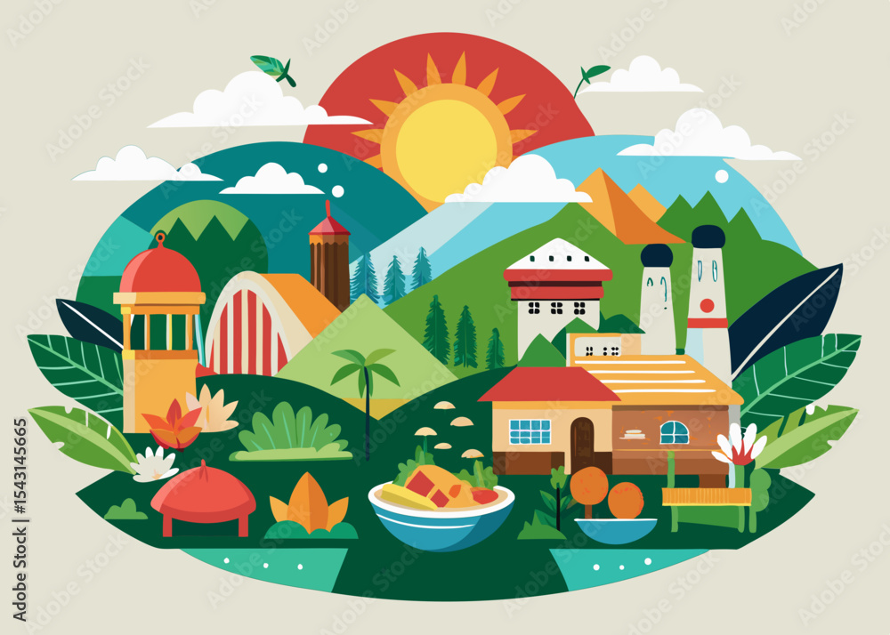 Fototapeta premium Vibrant Landscape Illustration A Colorful Mountain Village Scene