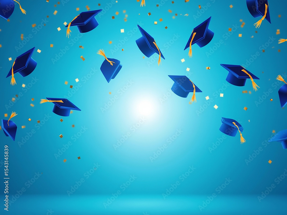Fototapeta premium Celebrating Graduation Blue Graduation Caps and Confetti