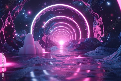 Fototapeta Naklejka Na Ścianę i Meble -  Vibrant 3D Cosmic Journey in a Neon Digital Landscape Abstraction