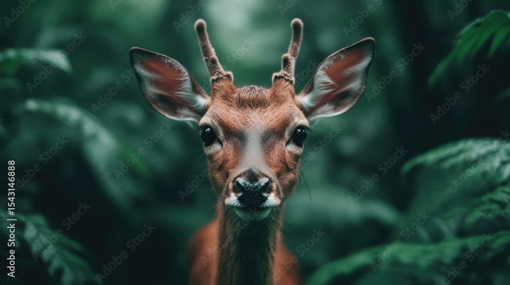Fototapeta premium A close-up of a curious deer peering through a lush, green background offers a stunning view of wildlife and evokes a sense of wonder and exploration.