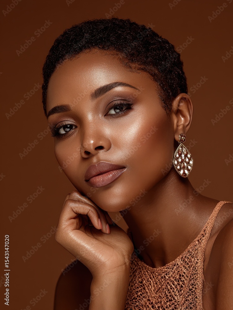 Face, beauty and skincare with a model black woman in studio on a brown background for natural hair care. Eyes, portrait and makeup with an attractive young female posing to promote cosmetics Face, beauty and skincare with a model black woman in studio on a brown background for natural hair care. Eyes, portrait and makeup with an attractive young female posing to promote cosmetics