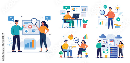 business team analytics and monitoring report concept and flat vector illustration design data analytics research for business finance