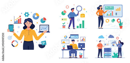 business team analytics and monitoring report concept and flat vector illustration design data analytics research for business finance