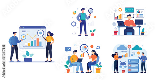 business team analytics and monitoring report concept and flat vector illustration design data analytics research for business finance