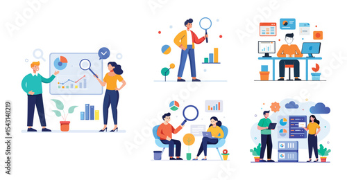 business team analytics and monitoring report concept and flat vector illustration design data analytics research for business finance